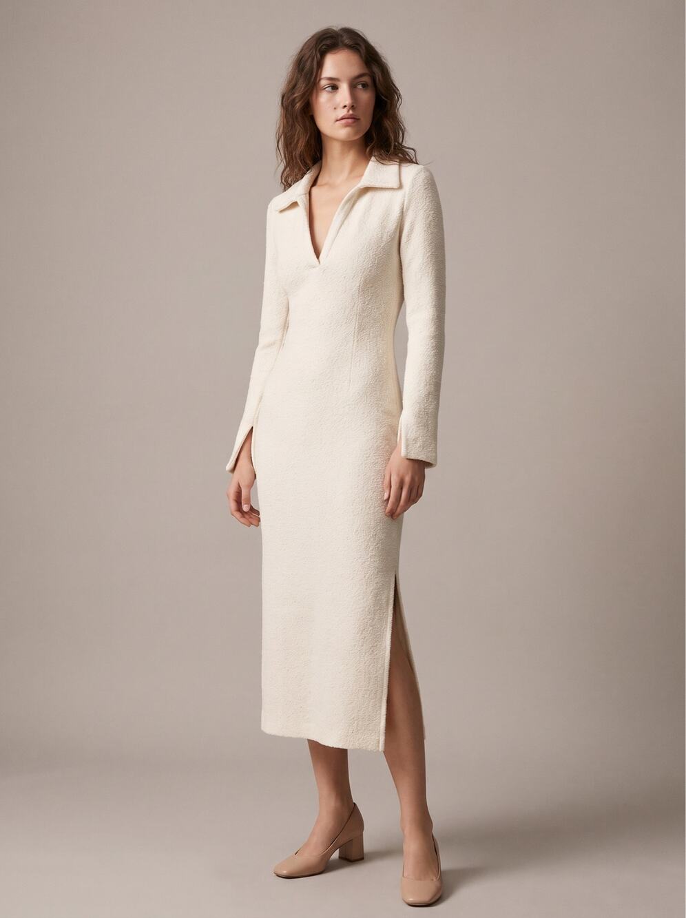 Zara Cream Boucle Collared Knit Midi Dress M